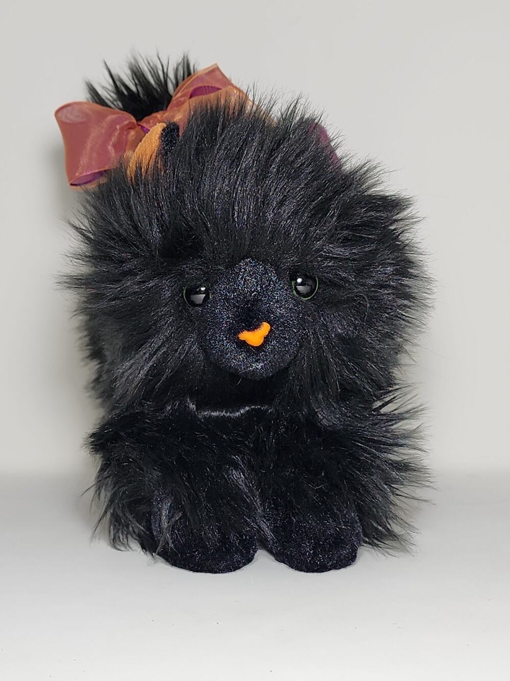 Ava Black Cat Long Hair Orange Nose Green eyes Realistic with Bow 8 Inc